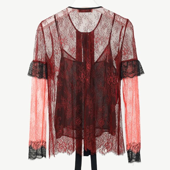Twinset Burgundy & Pink Lace Ruffle Tie-Neck Blouse - Picture 3 of 10